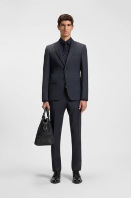 Traje slim fit de dos piezas en lana con microestampado, Azul oscuro