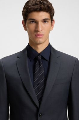 Micro-patterned two-piece slim-fit suit in virgin wool, Dark Blue