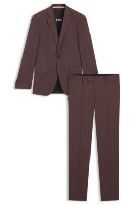 Micro-patterned two-piece slim-fit suit in virgin wool, Dark Red