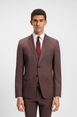 Micro-patterned two-piece slim-fit suit in virgin wool, Dark Red