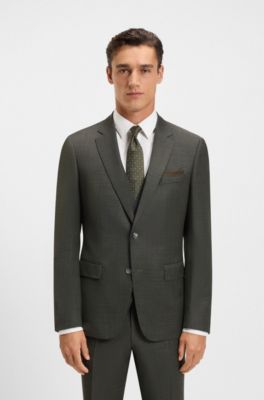 Three-piece slim-fit suit in patterned stretch wool, Light Brown