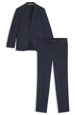 Three-piece slim-fit suit in patterned stretch wool, Dark Blue