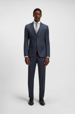 Costume Slim trois pi&egrave;ces en laine stretch &agrave; motif, Bleu fonc&eacute;