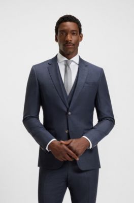 Three-piece slim-fit suit in patterned stretch wool, Dark Blue