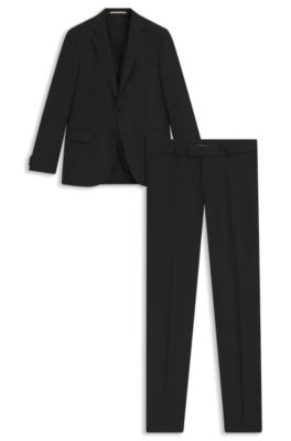 Three-piece slim-fit suit in patterned virgin wool, Black