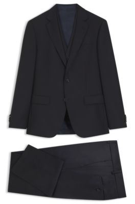 Costume Slim trois pi&egrave;ces en laine vierge &agrave; motif, Bleu fonc&eacute;