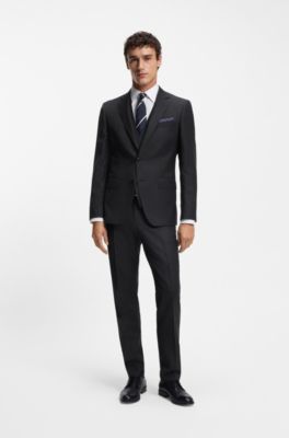 Three-piece slim-fit suit in patterned virgin wool, Dark Blue