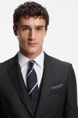 Two-piece slim-fit suit in patterned virgin wool, Dark Blue