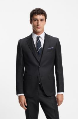 Three-piece slim-fit suit in patterned virgin wool, Dark Blue