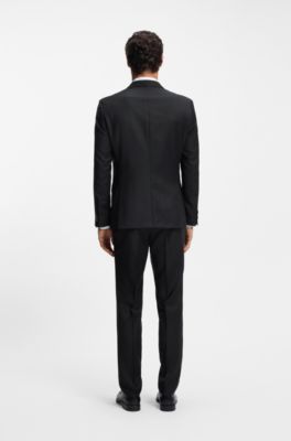 Three-piece slim-fit suit in patterned virgin wool, Dark Blue