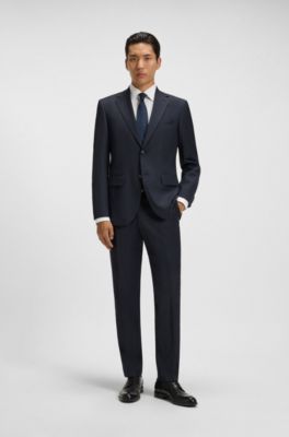 Costume deux pi&egrave;ces Regular en laine vierge &agrave; micro motif, Bleu fonc&eacute;