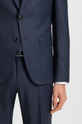 Two-piece slim-fit suit in checked virgin wool, Dark Blue