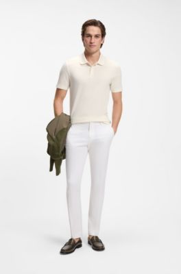 Cotton-blend polo shirt with bubble-structured jacquard, White