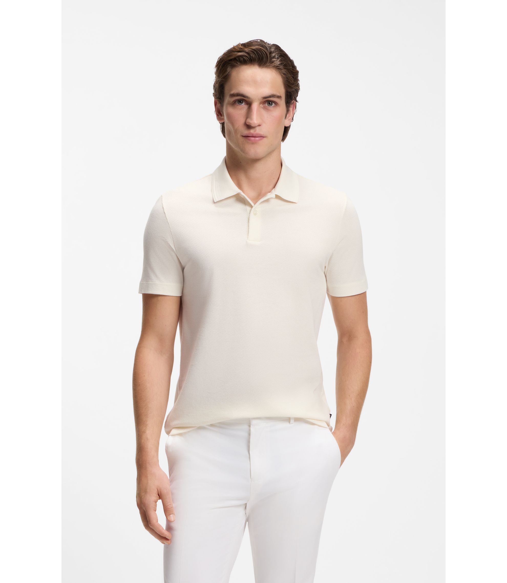 BOSS - Cotton-blend polo shirt with bubble-structured jacquard - White