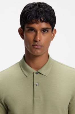 Cotton-blend polo shirt with bubble-structured jacquard, Khaki