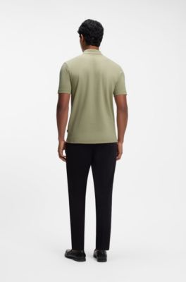 Cotton-blend polo shirt with bubble-structured jacquard, Khaki