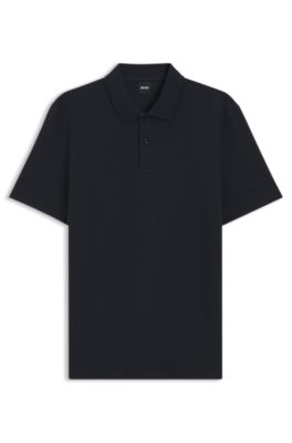 Cotton-blend polo shirt with bubble-structured jacquard, Dark Blue