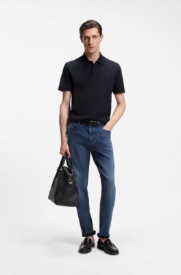 Cotton-blend polo shirt with bubble-structured jacquard, Dark Blue