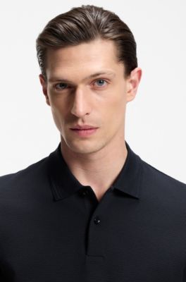Cotton-blend polo shirt with bubble-structured jacquard, Dark Blue