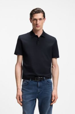 Cotton-blend polo shirt with bubble-structured jacquard, Dark Blue