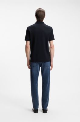 Cotton-blend polo shirt with bubble-structured jacquard, Dark Blue