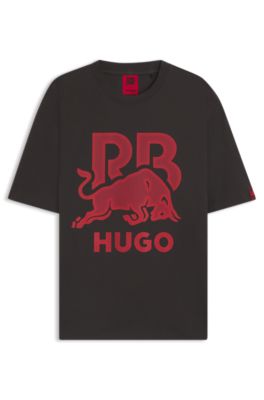 T-shirt HUGO x RB en coton avec logo graphique taureau oversize, Marron fonc&eacute;
