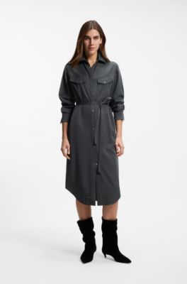 Vestido camisero con cintur&oacute;n en tejido lavado a la arena, Gris claro