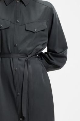 Vestido camisero con cintur&oacute;n en tejido lavado a la arena, Gris claro