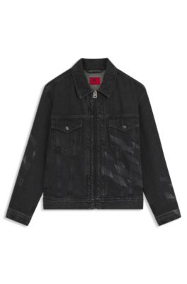 HUGO x RB lasered-pattern jacket in black denim, Black