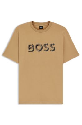 T-shirt en coton merceris&eacute; avec logo artistique, Beige