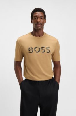 T-shirt en coton merceris&eacute; avec logo artistique, Beige