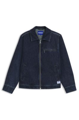 Chaqueta con cremallera en denim azul con bolsillo en el pecho, Azul oscuro