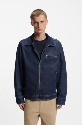 Veste zipp&eacute;e en denim bleu avec poche-poitrine, Bleu fonc&eacute;