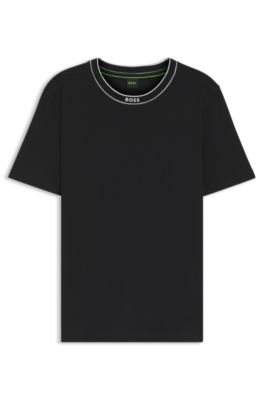 Camiseta de punto de algod&oacute;n con cuello a rayas, Negro