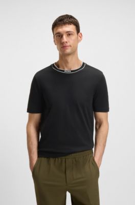 Camiseta de punto de algod&oacute;n con cuello a rayas, Negro