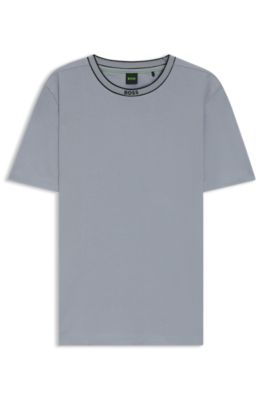 Camiseta de punto de algod&oacute;n con cuello a rayas, Gris oscuro