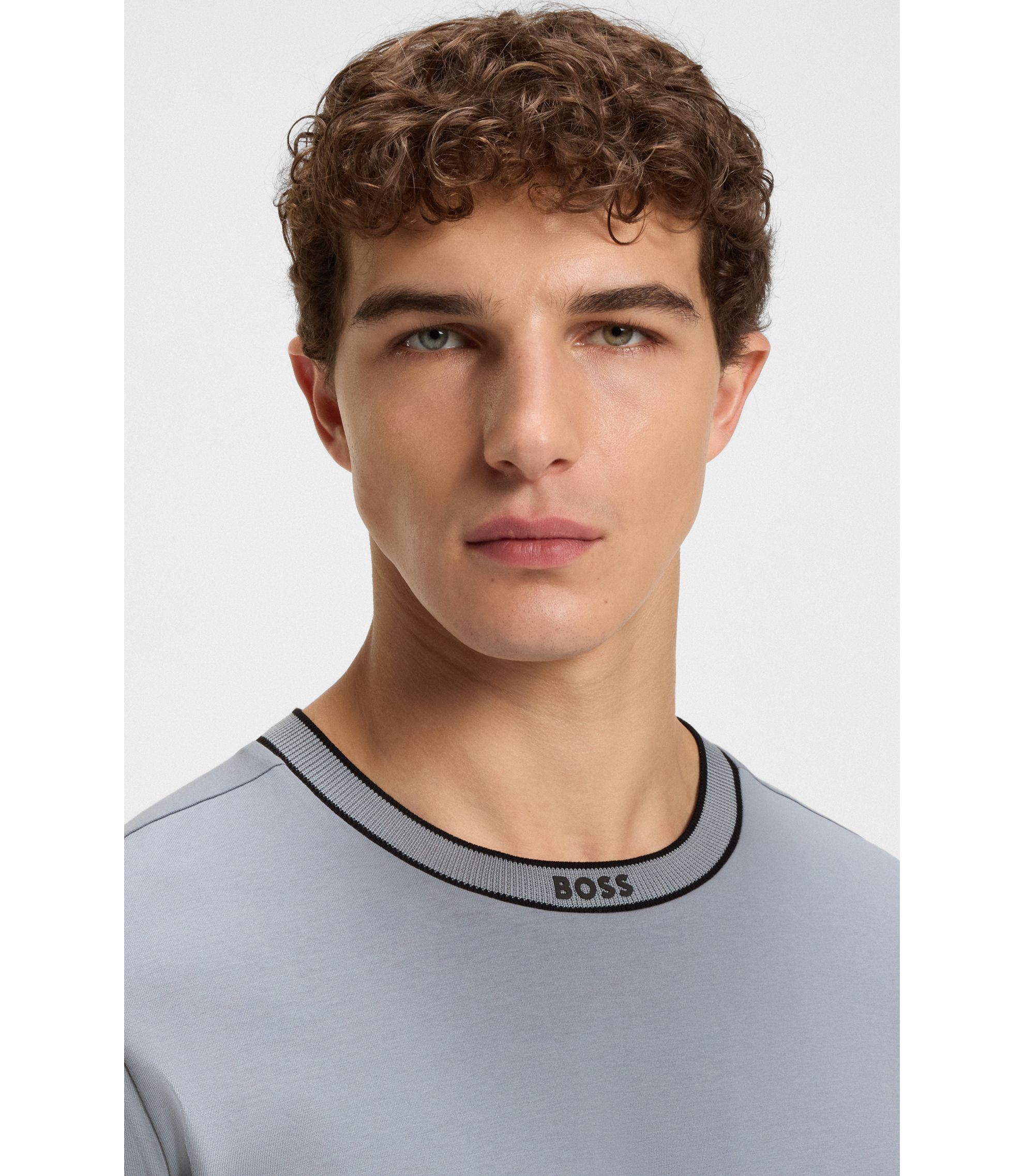 BOSS Striped-collar T-shirt in cotton jersey Dark Grey