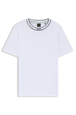 T-shirt en jersey de coton avec col &agrave; rayures, Blanc