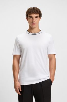 T-shirt en jersey de coton avec col &agrave; rayures, Blanc