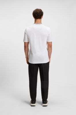 T-shirt en jersey de coton avec col &agrave; rayures, Blanc