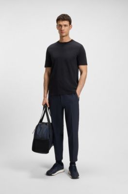 Camiseta de punto de algod&oacute;n con cuello a rayas, Azul oscuro