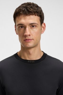 Camiseta de punto de algod&oacute;n con cuello a rayas, Azul oscuro