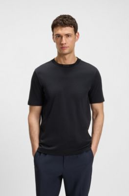 Camiseta de punto de algod&oacute;n con cuello a rayas, Azul oscuro