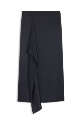 Faux-wrap midi skirt in satin, Dark Blue