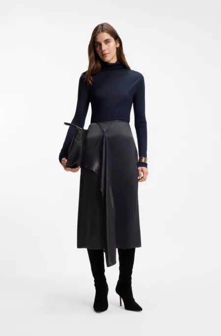 Faux-wrap midi skirt in satin