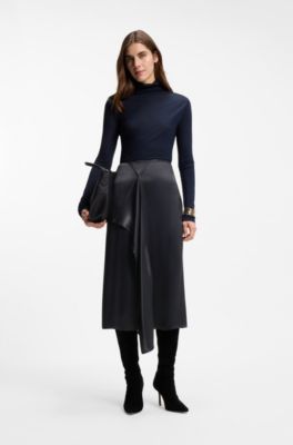 Falda midi de sat&eacute;n con falso cruzado, Azul oscuro