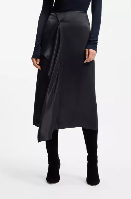 Faux-wrap midi skirt in satin