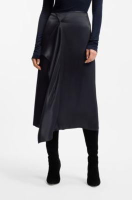 Jupe mi-longue en satin effet portefeuille, Bleu fonc&eacute;