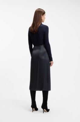 Falda midi de sat&eacute;n con falso cruzado, Azul oscuro