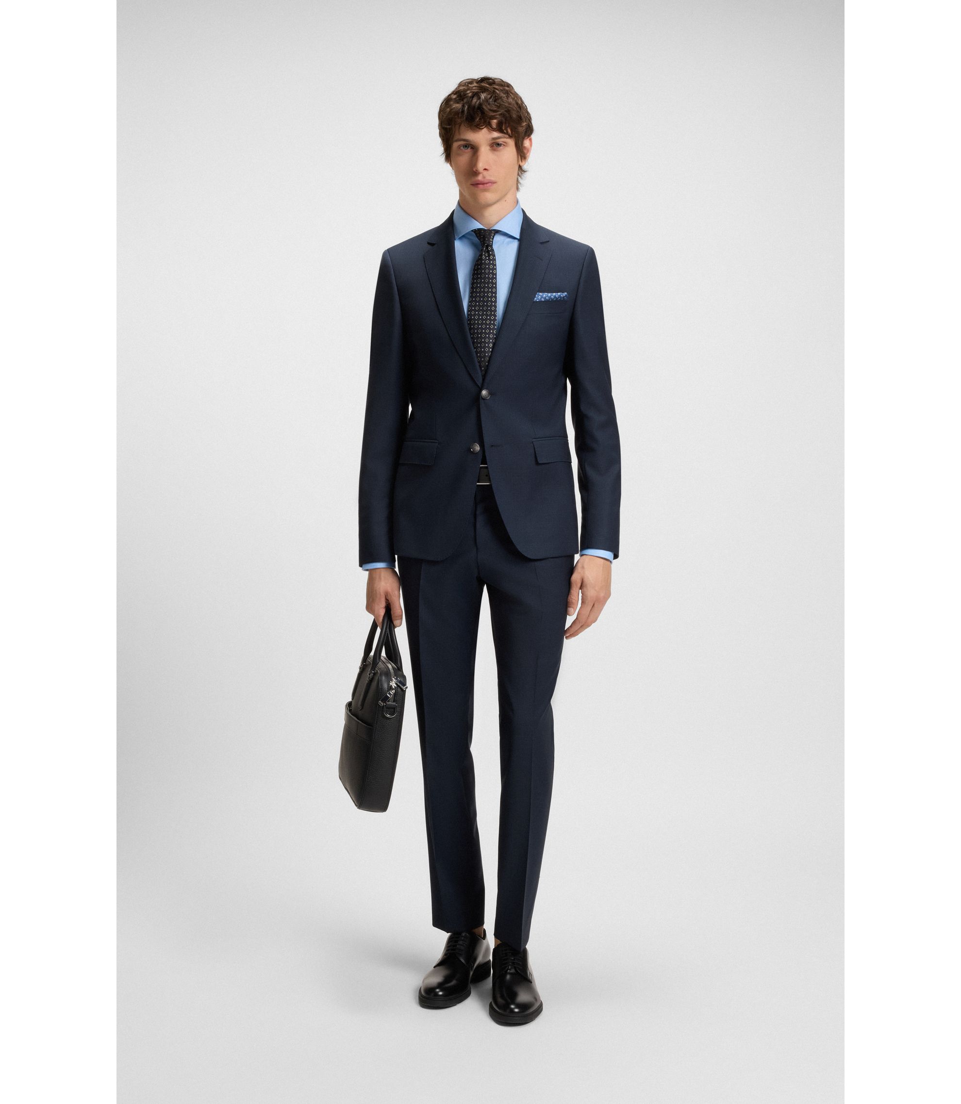 BOSS - Micro-patterned slim-fit suit in virgin wool - Dark Blue